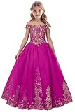 Característica: diseño exquisito: vestidos de niña de flores para la boda, apliques florales 3D y tul suave, desde el hombro, una línea de primer vestido de bautizo de comunión, espalda con cordones, longitud del piso, vestido de dama de honor junior. Perfecto para niñas pequeñas, adolescentes, jóvenes.