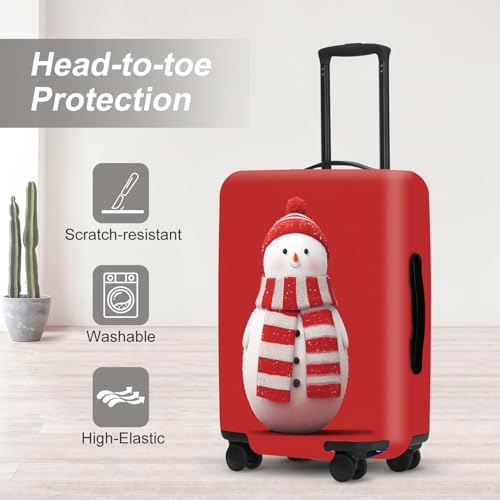 Image of Snowman Christmas Luggage Cover - Red Background with Cute Snowman in Striped Scarf, Simple Stretchable Suitcase Cover 28 30 Inch