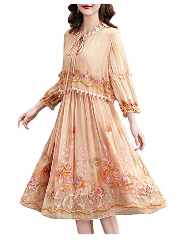 Disimlarl Vestido de seda de morera bordado casual largo elegante vestido midi