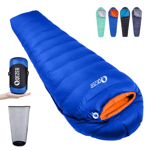 Sac de Couchage en Duvet QEZER, 0°C à -18°C, Sac de Couchage Grand Froid, 600 FP Down, Adulte est idéal pour Le Camping, l'escalade et la randonnée. (800g...