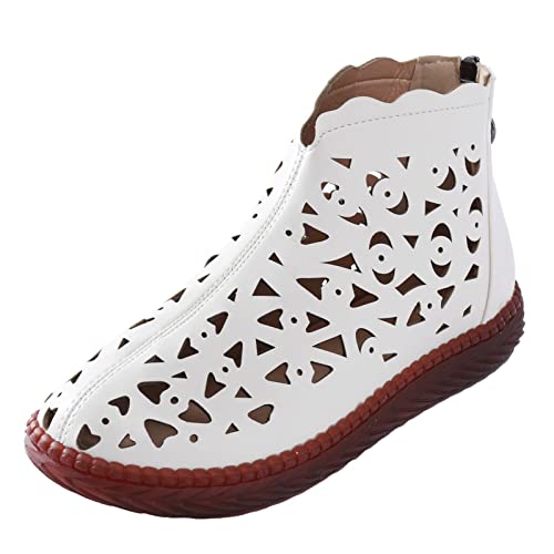 Bottines d'été élégantes creuses pour femme - Confortables et respirantes - Avec fermeture éclair - Couleur unie - Élégantes - En cuir - Chaussures...