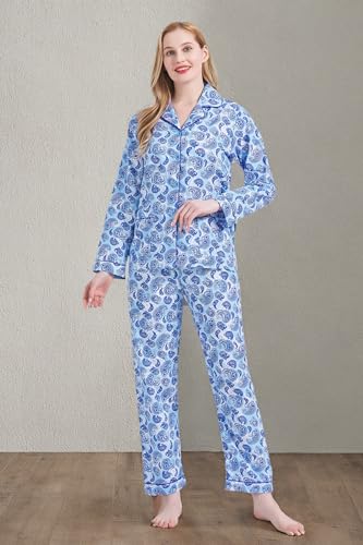 Image of GLOBAL Women Cotton Pajamas Long Sleeve PJs Button Down Sleepwear S-3XL