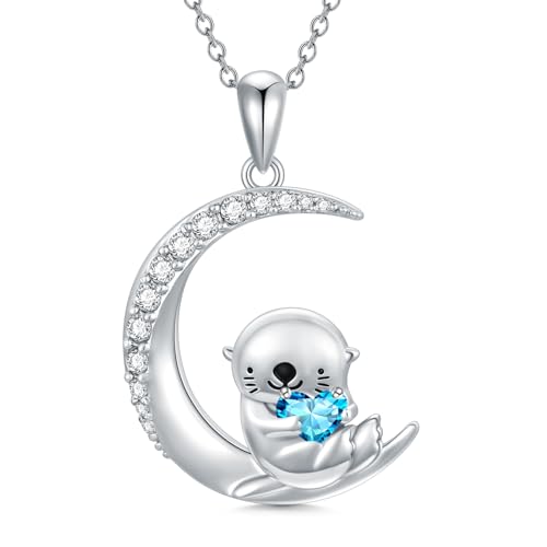 Image of PROESS Animal Birthstone Necklace 925 Sterling Silver Otter /Axolotl /Hippo /Elephant /Dachshund /Monkey /Red Panda Pendant Necklace Animal Birthstone Jewelry Gifts for Women