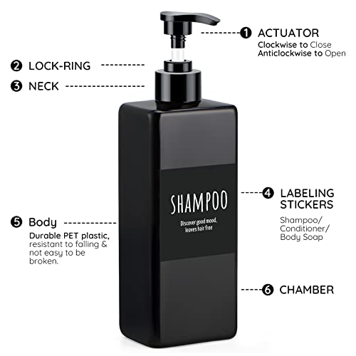 Image of Segbeauty Shampoo and Conditioner Dispenser Refillable, 3pcs 16.9oz Shower Bottles Soap Dispenser with Labels, 500ml Empty Plastic Square Pump Bottle Dispenser Body Wash Containers for Bathroom Black