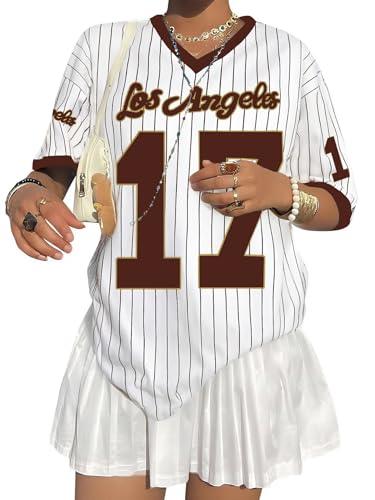 Oversized Jersey Shirts for Women Y2k Baseball Striped Number Graphic Tees V Neck Tshirt Casual Streetwear Tops Brown M