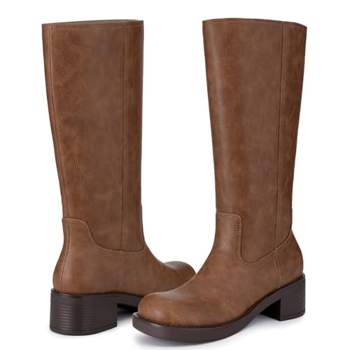 Athlefit Brown Knee High Boots for Women Chunky Heel Wide Calf Tall Boots Square Toe Pull On Platform Casual Fall Booties Size 6.53