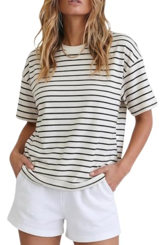 Allimy Womens Summer Tops Boxy Graphic Tees Cute Short Sleeve Black and White Striped...