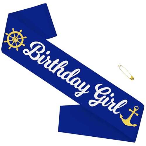 JXYCBZYing Nautical Birthday Girl Sash, Navy Blue Birthday Sash with Glitter Gold Silver Printing for Women or Girls Boat Party Decorations, Sweet 16, 18th 21st 30th 40th 50th or Any Other Bday Party