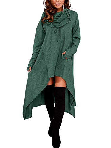 ZANZEA Sudaderas Capucha Cuello Vuelto Mujer Sudadera Manga Larga Bolsillos Asimétricos Jerséis Blusa Túnica Tops Vestido Jersey Verde Militar Sólido S Cover