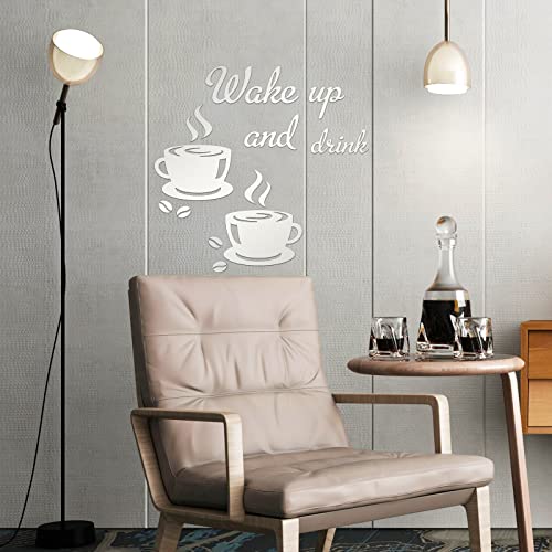 Superdant 3D Coffee Cup Acrylic Mirror Wall Decal Wake Up And Drink Wall Stickers Self Adhesive Wall Art Silver Mirrored Coffee Decals Stickers Diy Kitchen Decor For Coffee Bar Restaurant #TOP4