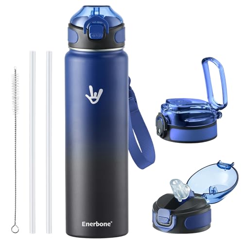 Enerbone 32 oz Insulated Water Bottle, 32oz 2 Lids (with Straw/No Straw), Stainless Steel Double Wall Flask for Hot & Cold Drinks, Leakproof Travel Bottle for Gym, Office, Hiking