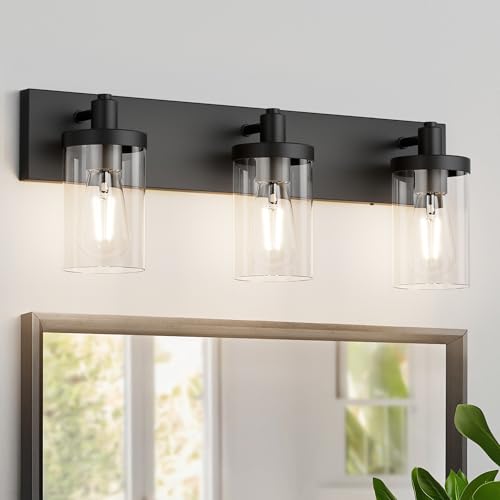 Image of Aipsun Black Vanity Light for Bathroom 3 Light Farmhouse Bathroom Lights Fixtures Over Mirror with Clear Glass Shade(Exclude Bulb)