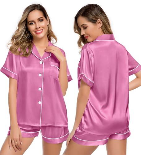 Image of LecGee Womens Silk Satin Pajamas Short Sleeve Loungewear Two-Piece Sleepwear Button-Down Pj Set Mauve Pink X-Large