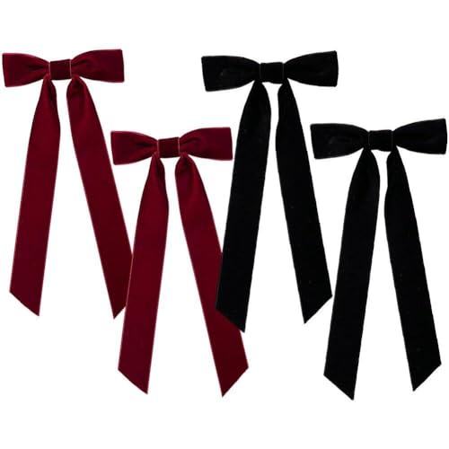 Tsffae 4 Pinzas para El Pelo con Lazo De Terciopelo para Mujer, Color Negro Vino, Rojo, Coleta, Pinzas para El Pelo con Pasador De Lazo De Cola Larga para Niños, Niñas Y Mujeres