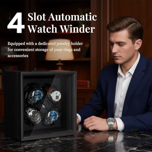 Mcbazel 4 Watch Winder for Automatic Watches, Automatic Watch Winder Box with Super Quiet Motor, 2 Rotation Mode & Ring Holder, Ideal Gift for Men, Father, Women [Black] by Mcbazel - Image 2