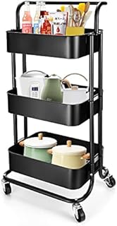 TNAVY 3 Tier Rolling Trolley with Handle, Metal Utility Cart on Wheels, Storage Organizer for Kitchen Laundry Bathroom and Office (Black)