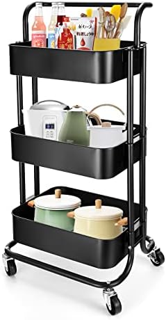 GSEEY 3 Tier Rolling Cart,Black Metal Storage Organizer Utility Cart on Lockable Wheels, for Kitchen,Bathroom,Office,Living Room (Black)