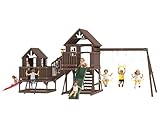 Albott Wooden Swing Set for Kids, Large Outdoor Wood 14-in-1 Playhouse with Double Towers, Wave Slides, Swings, Climbing Wall & Ladder, Backyard Playground for Ages 3–8, 170.5' D x 287.4' W x 117' H