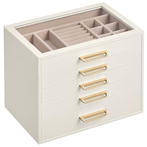 SONGMICS Caja de Joyas, Organizador de Joyería de 5 Niveles con Ventana de Vidrio, 5 Cajones, Gran Capacidad, Moderna, Tiradores Dorados, Idea de Regalo, 17,2 x 24 x 18,4 cm, Blanco Crema JBC205WD01 | Ya disponible en tu tienda friki favorita! En mundofriki.es! SONGMICS Caja de Joyas, Organizador de Joyería de 5 Niveles con Ventana de Vidrio, 5 Cajones, Gran Capacidad, Moderna, Tiradores Dorados, Idea de Regalo, 17,2 x 24 x 18,4 cm, Blanco Crema JBC205WD01 | Ya disponible en tu tienda friki favorita! En mundofriki.es!