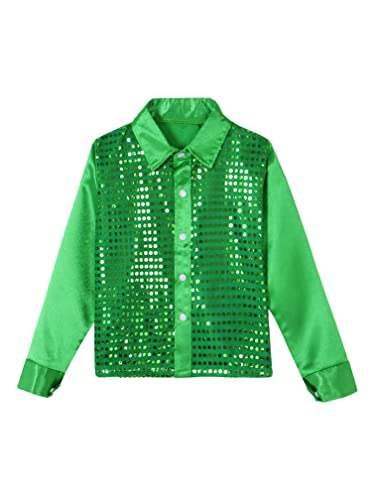 Girls Boys Glittery Sequins Shirt for Hip Hop Jazz Dance Top Long Sleeve Button Down Shirt Halloween Cosplay Costume3