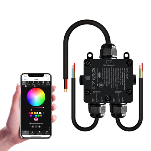 WeGoIOT IP65 Waterproof LED Controller, ESP32 WLED WiFi APP Control, Outdoor Music Sync Light Controller, DC5-24V, for WS2812B RGBIC RGBW LED Strip Lights(2 Channel)