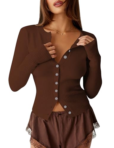 Image of Womens Open Front Button Up Cropped Cardigan Ribbed Knit Long Sleeve Shirt Casual Solid Crop Top Cardigan Sweater