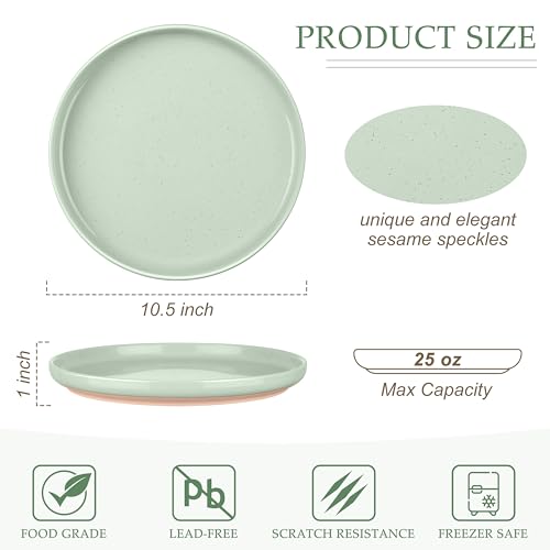 Image of LIANYU Dinner Plates Set of 4, 10.5'' Large and Round Stoneware Plates, Ceramic Dishes Set for Kitchen Serving Salad, Dessert, Steak, Oven, Microwave & Dishwasher Safe, Scratch Resistant, Fog Green