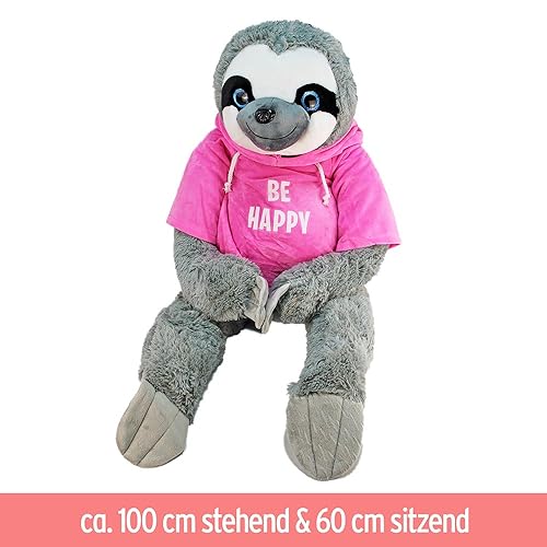 BEMIRO Riesen Faultier Kuscheltier - 100 cm Be Happy rosa, Kuscheltier mit Pulli, Kletthände zum anhängen, Plüschtier mit Hoodie