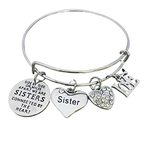 Infinity Collection Sister Charm Bangle Bracelet for Women- Side By Side or Miles Apart, We are Sisters Connected By the Heart Jewelry, Gift for Sisters