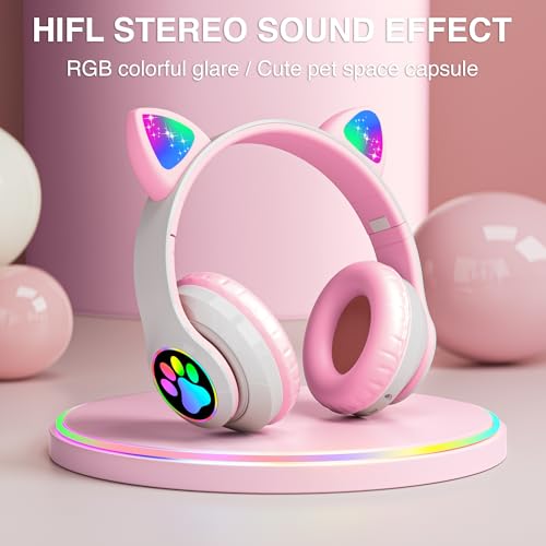 Image of Bluetooth Noise Cancelling Headphones for Kids,Foldable Cat Headphone with LED Light Up Ear,Cat Ear Headphones for Toddler with Microphone /TF Card,Kids Bluetooth Earphones for ipad