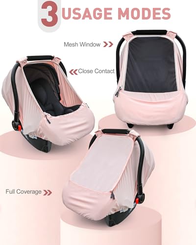 Baby Car Seat Cover,Sunproof Car Seat Canopy for Babies, Extra Large Mesh Window Baby Car Seat Sun Shade Cover, Infant Carseat Covers for Summer/Autumn Use(Pink) - Thumbnail 2
