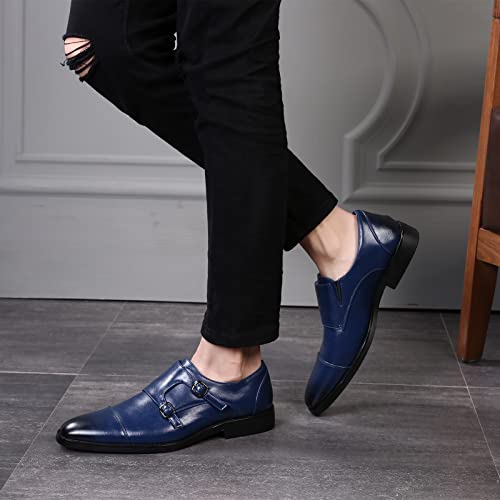 ANUFER Gentleman Schlau Zehenkappe Doppelschnalle Mönchsschuhe Kunstleder Formell Kleid-Schuhe Marine SN070533 EU46