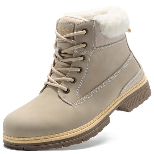 COTTIMO Snow Hiking Winter Boots for Women - Casual Grey Combat Work Boot - Non-slip Fur-Lined Ankle Boots - Fashion Boots Waterproof Leather Shoes Size 9 by COTTIMO - Used condition - US$43.55