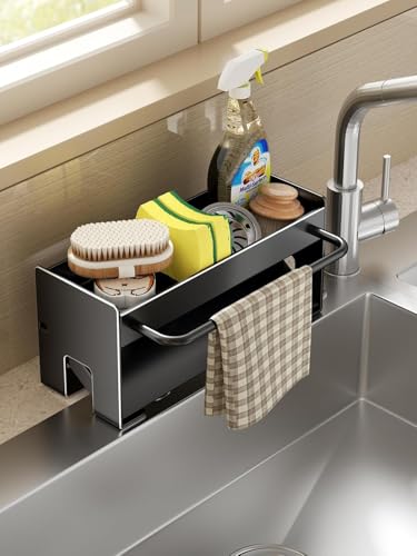 LADILA Kitchen Sink Organiser Rack Wall Mounted Storage Shelf with Towel Hanging Rack, Multiple Use for Bathroom Kitchen Sink, Cleaning Supplies Organizer