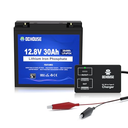 DCHOUSE 12V 30AH LiFePO4 Rechargeable Lithium Battery, Type-C to ...