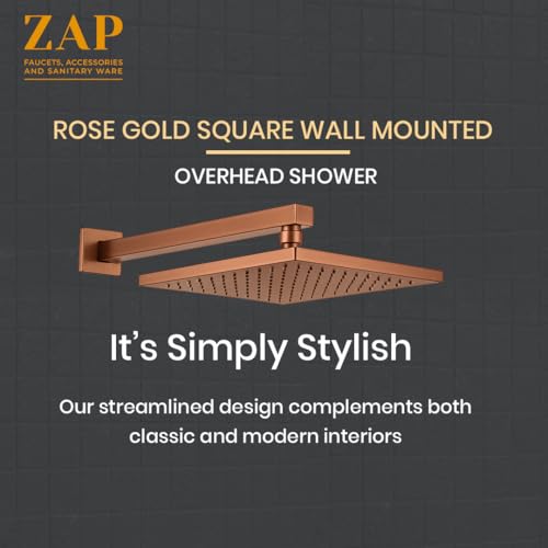 Image of ZAP OHSQ65 360 Degree Rotation Rose Gold Square Overhead Shower SUS304 Stainless Steel | Anti-MIcrobial Silicon Nozzle, Ultra Thin & Lightweight- 6 x 6 inch Showerhead with 15 Inch Rod