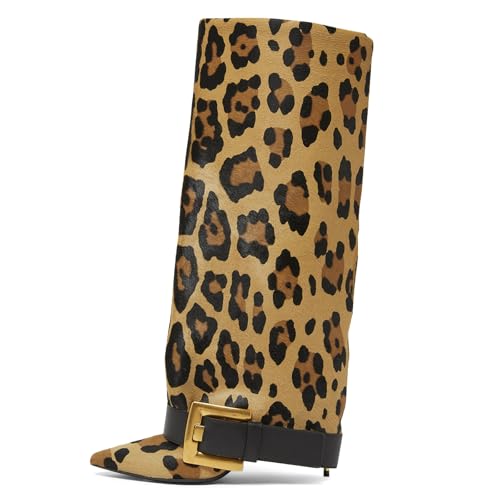 Yishaweiqi Black Fold Over Boots For Women Buckle Wide Calf Stiletto High Heel Knee High Boots Pointed Toe Shark Boots