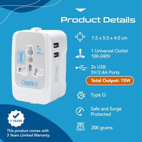 Image of Ceptics Universal UK Travel Adapter, 3 in 1 Type G Plug Adapter, Universal Travel Accessories 2 USB 2.4A, 100-240 Voltage Travel Charger, Universal Charger Adapter, White