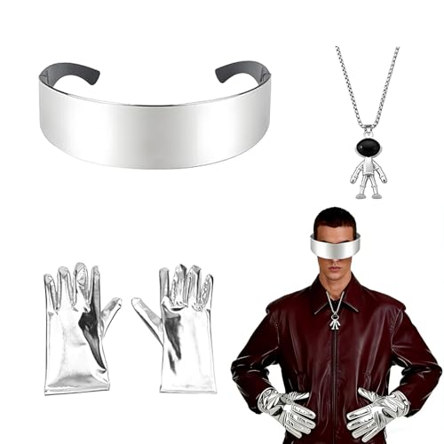 LIULINY Juego de 3 Piezas Disfraz de Astronauta, Disfraz para hombre Astronauta con Gafas Futuristas, Guantes Alienígenas Plateados, Astronauta Colgante De Acero Inoxidable, para Cosplay Carnaval
