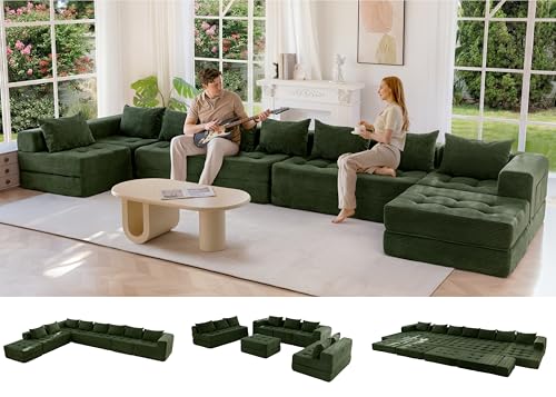 Image of MAXYOYO Modular Sectional Sofa Couch, Foldable Oversized U Shaped Cloud Couch with Pillows, Tufted Boneless Lounger Floor Sofa Bed for Living Room, No Assembly Required, Dark Green