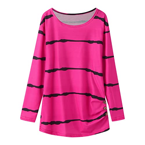 Teen Kids Long Sleeve T Shirts Crewneck Tunic Tops Little Girls Casual Button Striped Tee Blouses Fall Clothes(Hot Pink,4-5 Years)2