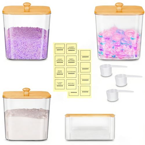 Set di 3 + 1 contenitori per biancheria e stendibiancheria con coperchio in bambù e 16 etichette, contenitori per biancheria, contenitori trasparenti per bucato, contenitori per bucato, polvere e