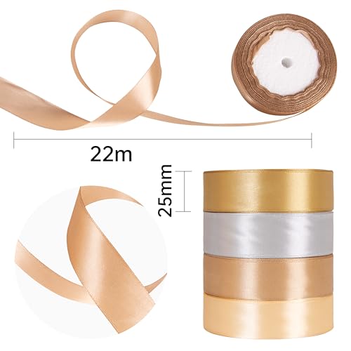 Fyshird Gold Satin Ribbon for Gift Wrapping 25mm x 22m Thick Ribbon Gold Christmas Ribbon Fabric Polyester Silver Ribbons for Crafting DIY Wedding Party Decorations Christmas Door Cake - Image 3