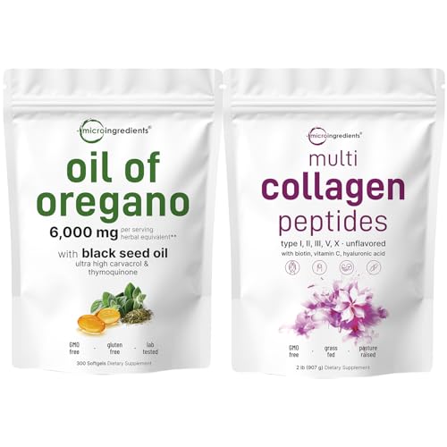 Micro Ingredients Oil of Oregano Softgels 6,000mg Per Serving & Multi Collagen Protein Powder 2lbs Bundle Pack | 4X Strength Carvacrol & Thymoquinon | Grass-Fed Collagen Peptides
