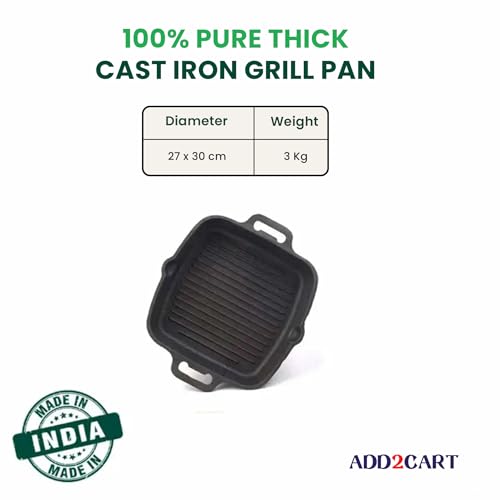 Image of Add2Cart Black, 100% Pure & Toxin-Free, No Chemical Coating, Medium, 26.3 cm /10.5 inch, 1.8Ltr, 3kg Pre-Seasoned Cast Iron Grill Pan with Double Handle that is Induction Friendly