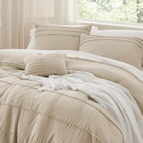 Image of Bedsure California King Comforter Set - 4 Pieces Pinch Pleat Bed in A Bag, Linen Boho Bedding Sets for Summer, 1 Soft Comforter, 2 Pillowcases, 1 Decorative Pillow