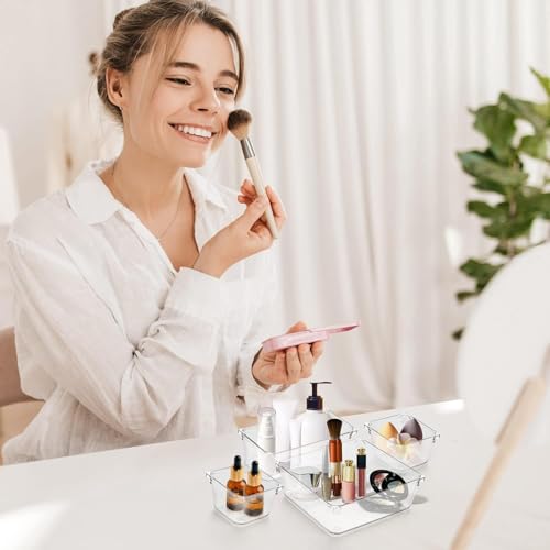 Zollyss 4 Pack Desk Drawer Organizer Tray Rectangle Plastic Bathroom Organizers Kitchen Utensils Silverware Gadgets Trays Dividers Bins for Dresser Cosmetic Makeup Tools Office Cabinets