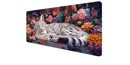 Tapis de souris XXL gaming tigre et fleurs 700x300mm tapis de bureau antidérapant PC