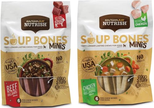 Variety Rachael Ray Nutrish Soup Bones Minis Dog Treats For Smaller Dogs Real Beef & Barley and Real Chicken & Veggies - Each Pack 4.2 oz/ 6 Chew Treats (Minis) by Rachael Ray