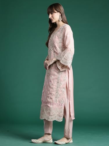 Image of INDO ERA Women's Straight Organza Ethnic Motifs Embroidered Kurta and Pant with Dupatta Set (KH9PH10614)